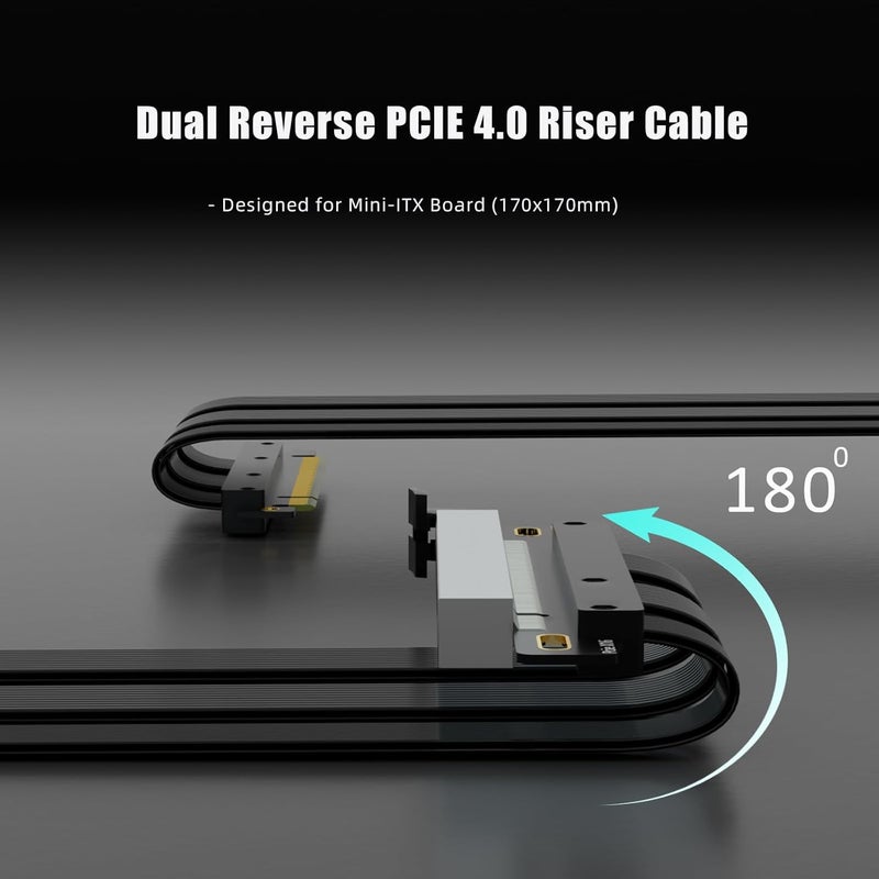 GLOTRENDS كابل ريسير مزدوج عكسي PCIE 4.0 للوحة الأم Mini-ITX (170x170mm) ، متوافق مع سلسلة RTX 40/30 وسلسلة Radeon RX7000/RX6000 ، لون أسود - Image 3